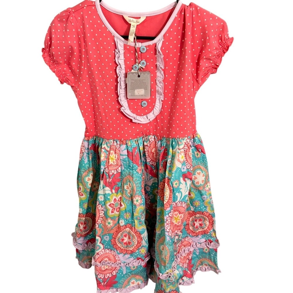 Matilda Jane Girls Coral Polka Dot Paisley Ruffle Dress‎ Size 12